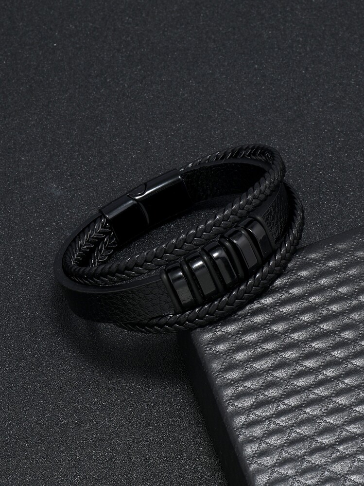 1 件装欧美时尚多层编织男士皮革手链带磁扣，简约朋克风格腕绳 - 黑色 - 查看 2