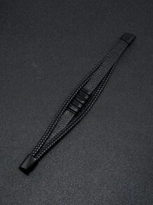 1 件装欧美时尚多层编织男士皮革手链带磁扣，简约朋克风格腕绳 - 黑色 - 查看 4