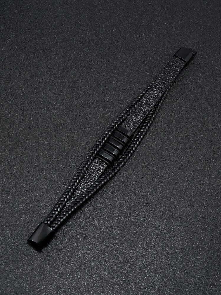 1 件装欧美时尚多层编织男士皮革手链带磁扣，简约朋克风格腕绳 - 黑色 - 查看 4