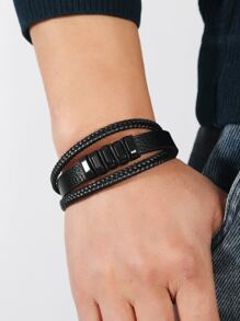 1 件装欧美时尚多层编织男士皮革手链带磁扣，简约朋克风格腕绳 - 黑色 - 查看 5