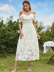 Eilly Bazar 挖肩荷葉邊蕾絲連衣裙 - 杏色 - 查看 4