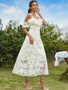 Eilly Bazar 挖肩荷葉邊蕾絲連衣裙 - 杏色 - 查看 7