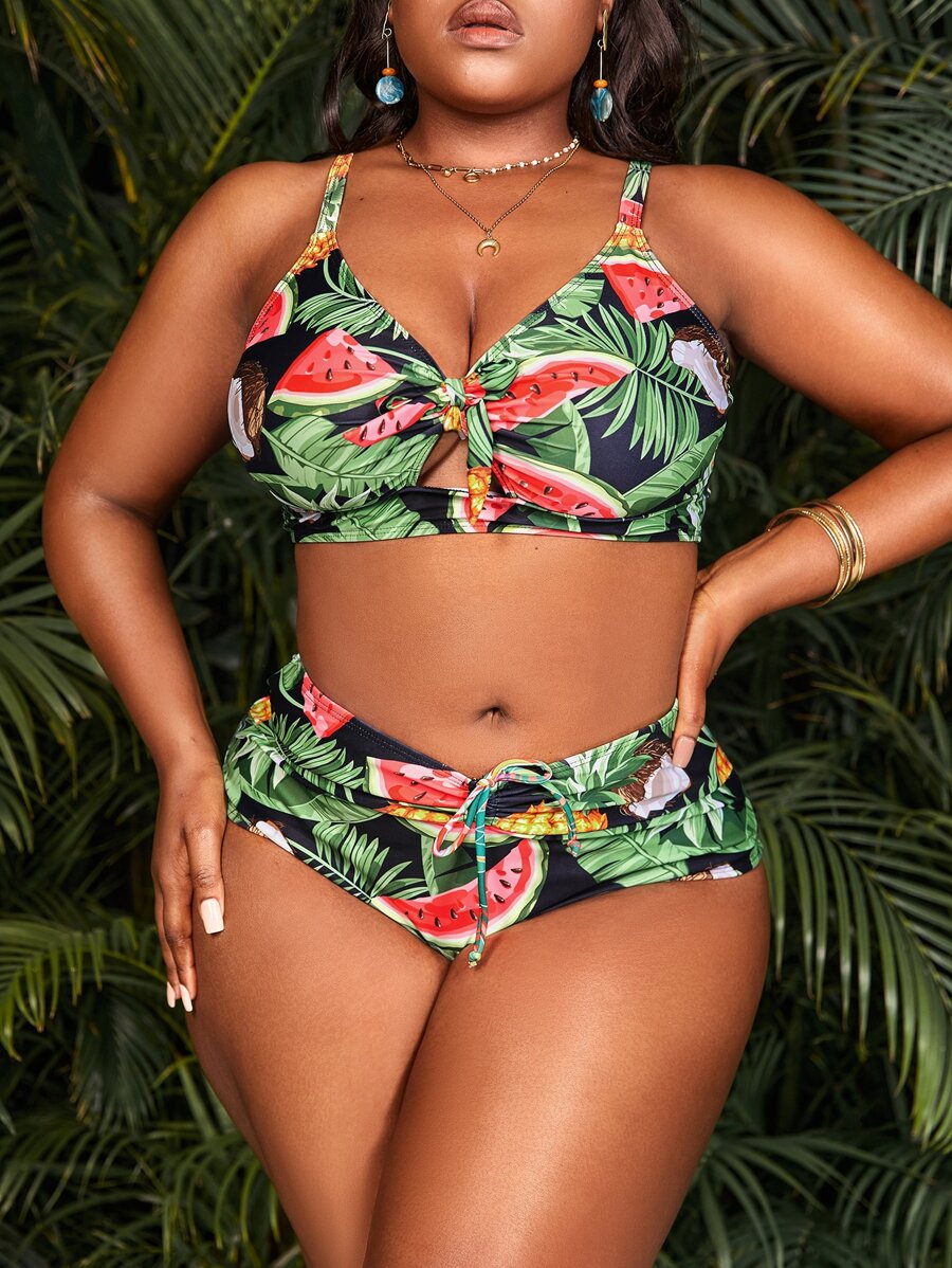 Plus Size Tropical Print Knot Front Bikini Set Summer Beach - Multicolor - View 1