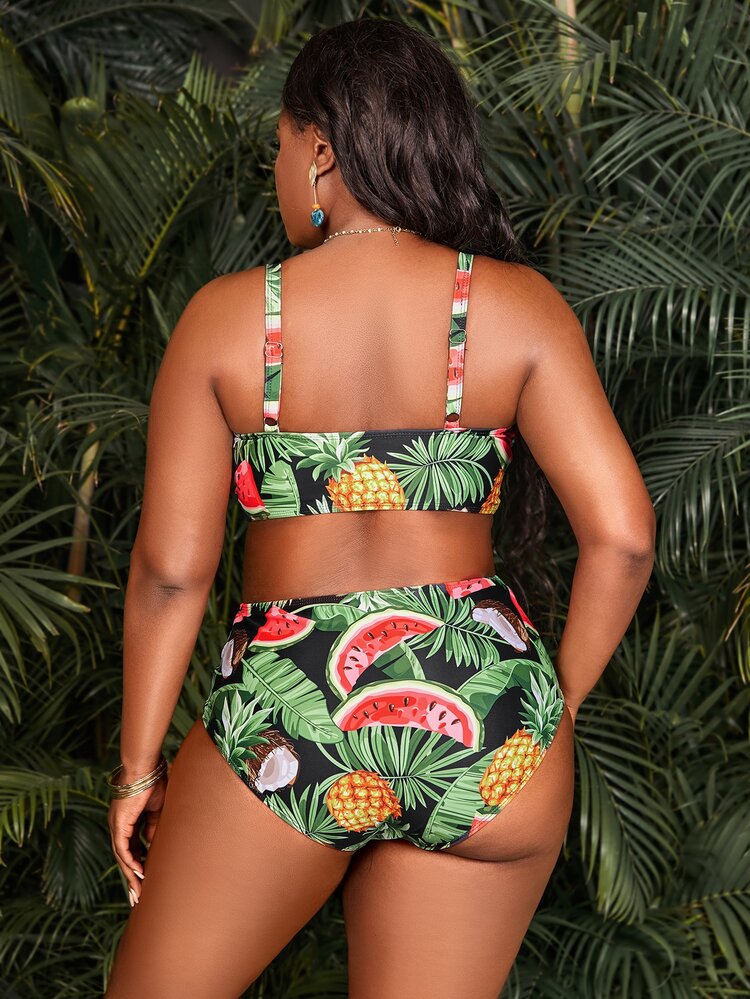 Conjunto de bikini de talla grande con estampado tropical y nudo delantero para playa en verano - Multicolor - Añade 2