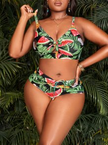Plus Size Tropical Print Knot Front Bikini Set Summer Beach - Multicolor - View 3