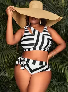 Hơn Sọc Bộ Bikini Cắt ra Bất đối xứng Áo ngực Không dây Áo & Nút ven Cao eo Đáy bikini 2 mảnh Đồ bơi - Đen và trắng - Xem 1