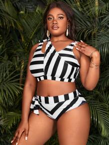 Hơn Sọc Bộ Bikini Cắt ra Bất đối xứng Áo ngực Không dây Áo & Nút ven Cao eo Đáy bikini 2 mảnh Đồ bơi - Đen và trắng - Xem 3