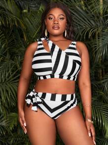 Hơn Sọc Bộ Bikini Cắt ra Bất đối xứng Áo ngực Không dây Áo & Nút ven Cao eo Đáy bikini 2 mảnh Đồ bơi - Đen và trắng - Xem 4