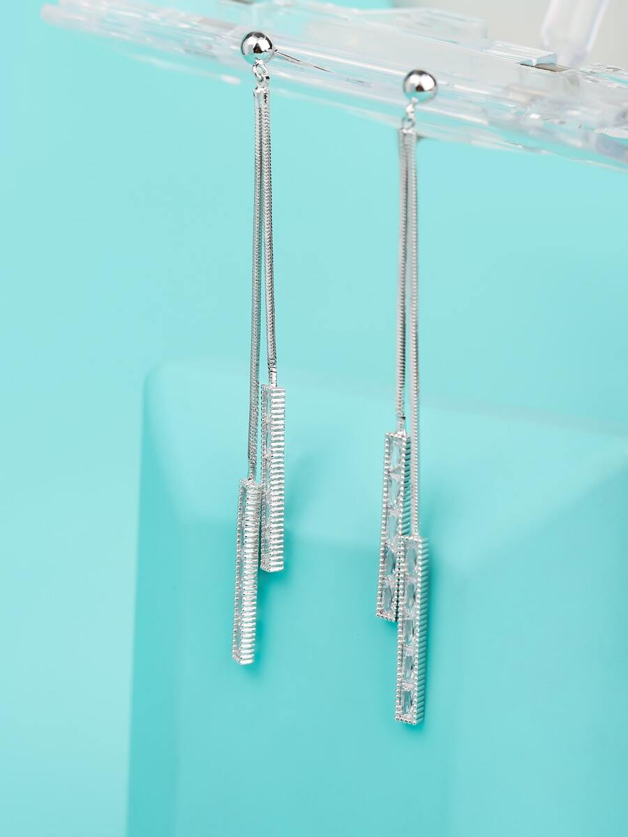 Cubic Zirconia Rectangle Decor Metal Tassel Drop Earrings - Silver - View 1