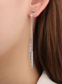Cubic Zirconia Rectangle Decor Metal Tassel Drop Earrings - Silver - View 2
