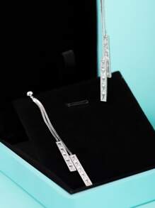 Cubic Zirconia Rectangle Decor Metal Tassel Drop Earrings - Silver - View 3