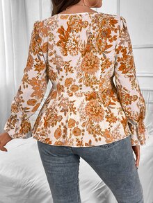 SHEIN LUNE Plus Floral Print Flounce Sleeve Peplum Blouse - Yellow - View 2
