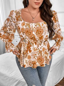 SHEIN LUNE Plus Floral Print Flounce Sleeve Peplum Blouse - Yellow - View 4