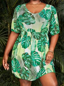 SHEIN Swim Curve Summer Plus Size Tropical Print Cover Up Dress - Multicolor - View 1