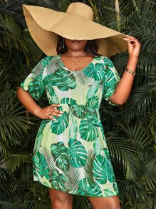 SHEIN Swim Curve Summer Plus Size Tropical Print Cover Up Dress - Multicolor - View 3