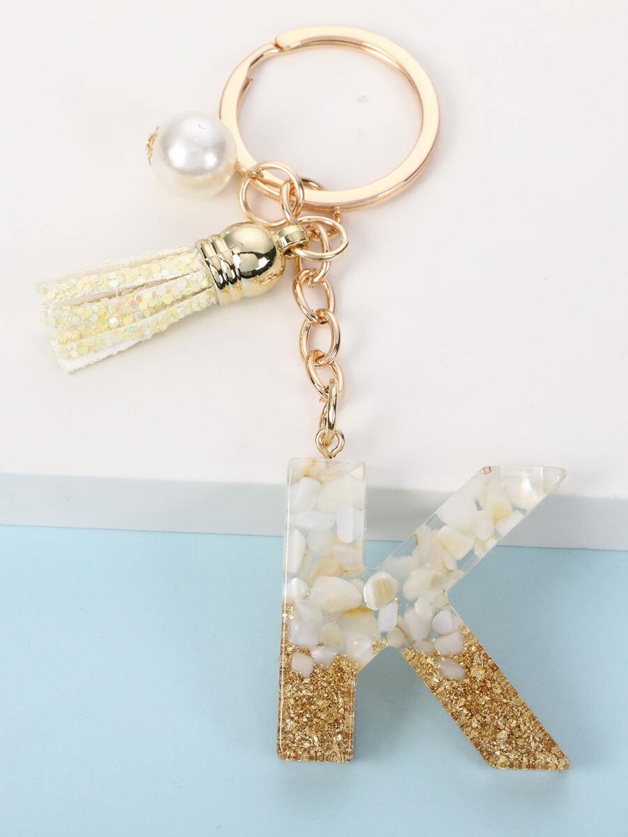 Faux Pearl Decor Tassel & Letter Charm Keychain - Nhiều màu - Xem 1