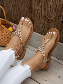 WRCVS 女士金色罗马凉鞋，夏季户外罗马风格平底水钻凉鞋，休闲性感，适合派对、波西米亚风、度假、海滩等场合，人字拖款式 - 金色 - 查看 3