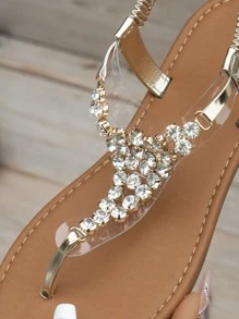 WRCVS 女士金色罗马凉鞋，夏季户外罗马风格平底水钻凉鞋，休闲性感，适合派对、波西米亚风、度假、海滩等场合，人字拖款式 - 金色 - 查看 7