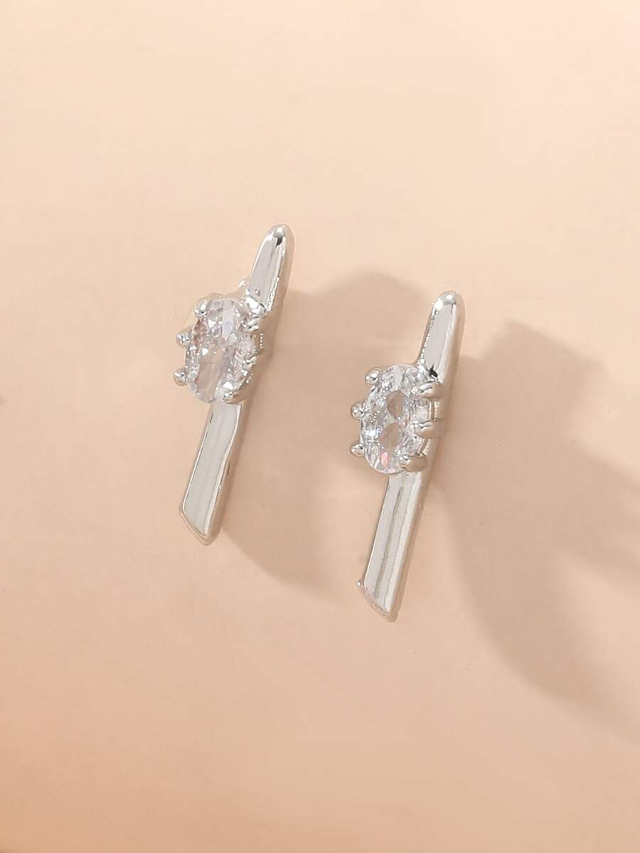 Cubic Zirconia Decor Geometric Stud Earrings - Silver - View 1