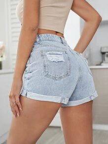 SHEIN Essnce Ripped Roll Up Hem Denim Shorts - Medium Wash - View 3