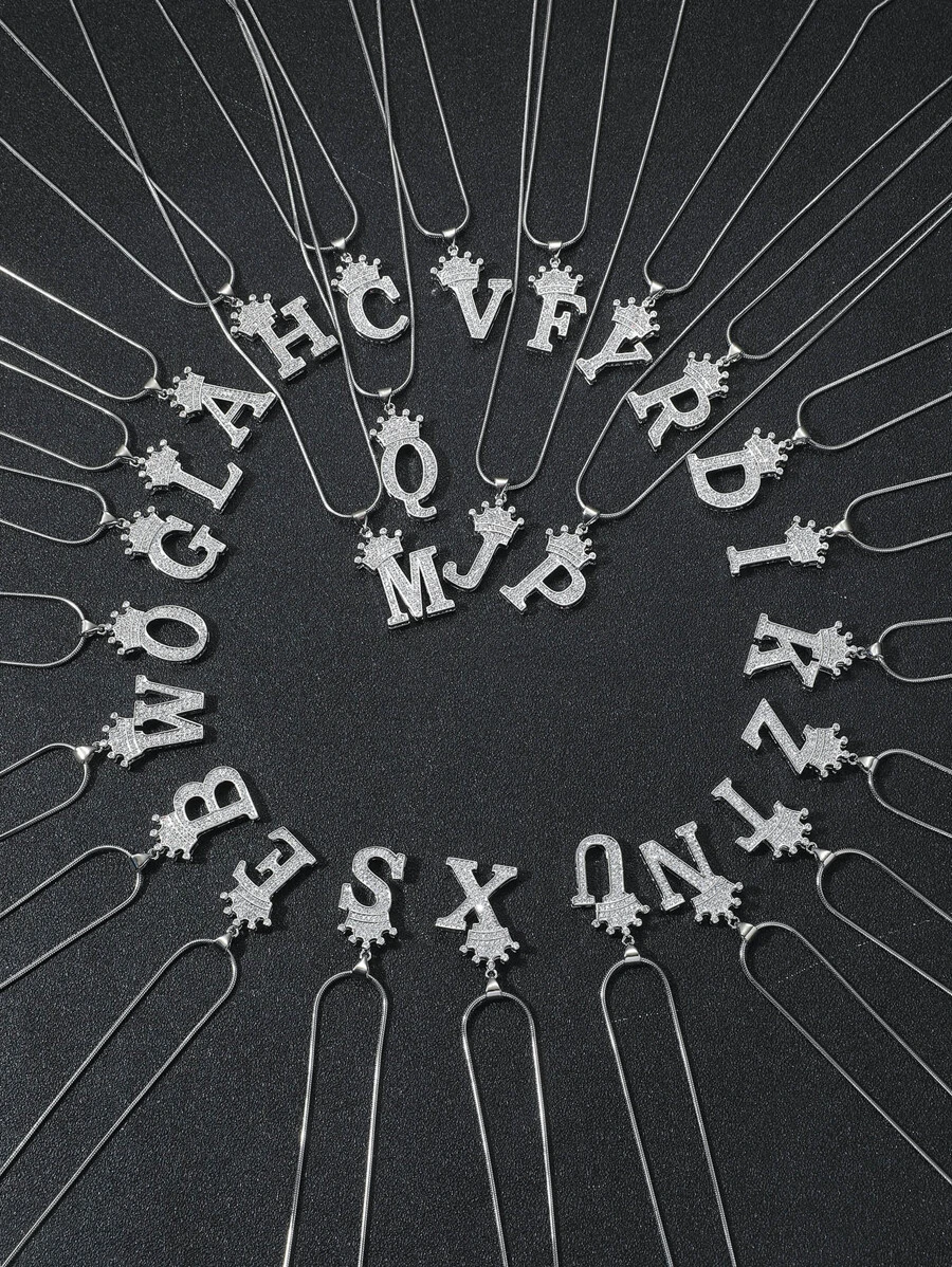 1pc Men Rhinestone Crown & Letter Charm Necklace - Silver - View 1