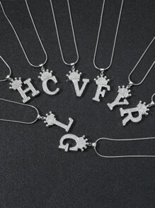 1pc Men Rhinestone Crown & Letter Charm Necklace - Silver - View 2