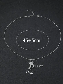 1pc Men Rhinestone Crown & Letter Charm Necklace - Silver - View 3