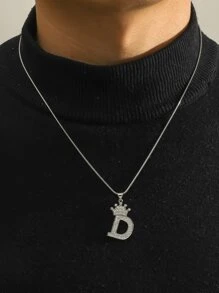 1pc Men Rhinestone Crown & Letter Charm Necklace - Silver - View 4