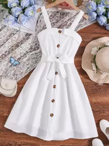 SHEIN Tween Girls' Fold-Over Neckline Cami Dress With Button Placket And Waist Belt, Casual Summer Outfit - White - View 1
