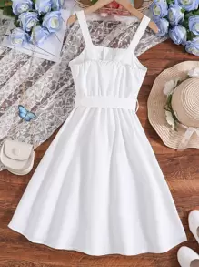 SHEIN Tween Girls' Fold-Over Neckline Cami Dress With Button Placket And Waist Belt, Casual Summer Outfit - White - View 2