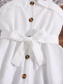 SHEIN Tween Girls' Fold-Over Neckline Cami Dress With Button Placket And Waist Belt, Casual Summer Outfit - White - View 4