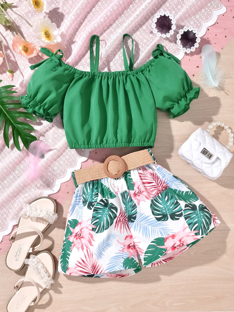 SHEIN Bộ hai mảnh Gái viền lá sen Nhiệt đới Boho - Nhiều màu - Xem 1