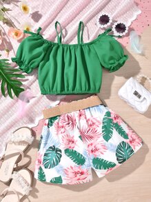 SHEIN Bộ hai mảnh Gái viền lá sen Nhiệt đới Boho - Nhiều màu - Xem 2