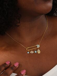 Evil Eye Chi tiết Rhinestone Hamsa Hand & Pin an toàn Charm Choker - Vàng - Xem 2