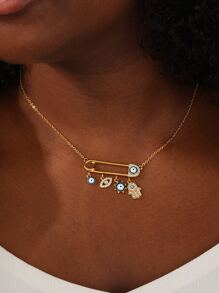 Evil Eye Chi tiết Rhinestone Hamsa Hand & Pin an toàn Charm Choker - Vàng - Xem 4