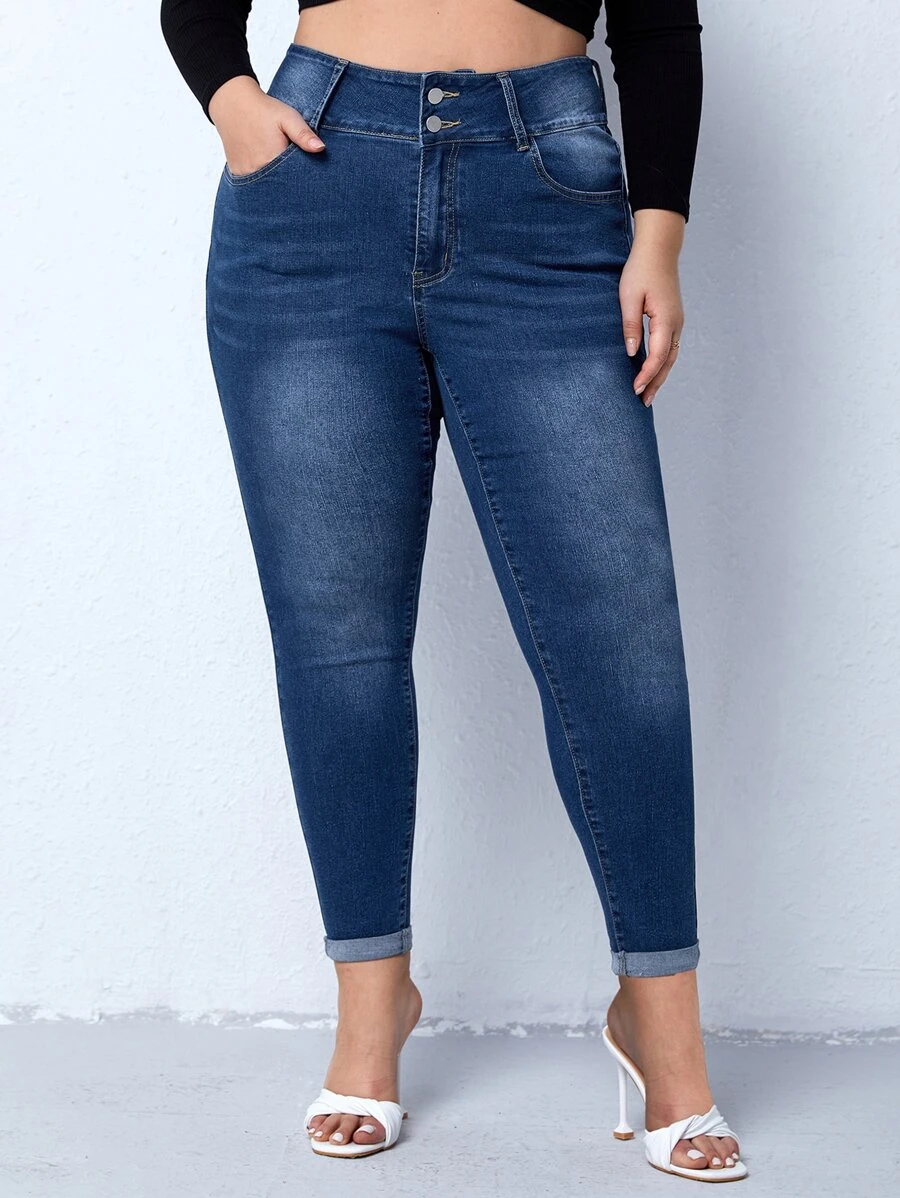 Plus Rolled Hem Skinny Jeans - Dark Wash - View 1