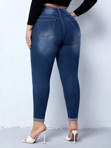 Plus Rolled Hem Skinny Jeans - Dark Wash - View 2