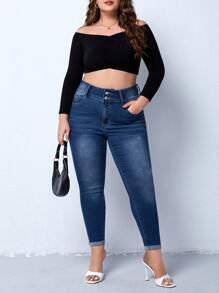 Plus Rolled Hem Skinny Jeans - Dark Wash - View 3