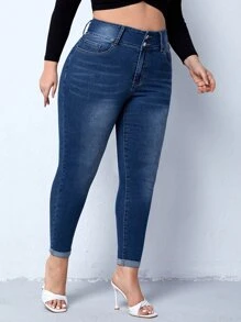 Plus Rolled Hem Skinny Jeans - Dark Wash - View 4