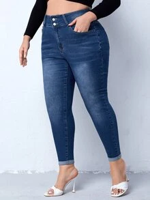 Plus Rolled Hem Skinny Jeans - Dark Wash - View 5