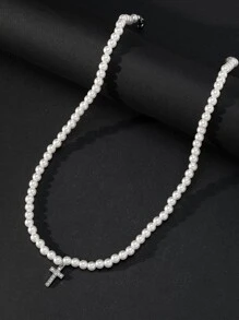 Hombres Collar a capas con diseño de perla artificial con diamante de imitación accesorio cruzado - Blanco - Ver 2