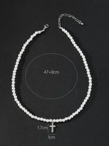 Hombres Collar a capas con diseño de perla artificial con diamante de imitación accesorio cruzado - Blanco - Ver 4