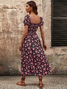 SHEIN VCAY Floral Print Off Shoulder Shirred Split Thigh Dress - Black - View 2