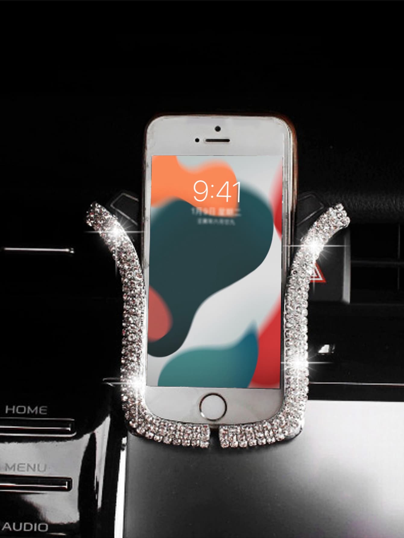 1pc Rhinestone Decor Car Phone Holder - Silver - View 1