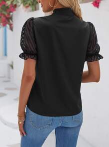 SHEIN Frenchy Áo sơ mi nữ Thắt nơ trước Tương phản Mesh màu trơn Thanh lịch - màu đen - Xem 2