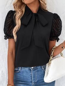 SHEIN Frenchy Áo sơ mi nữ Thắt nơ trước Tương phản Mesh màu trơn Thanh lịch - màu đen - Xem 3