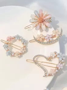 4 pinzas para el pelo minimalistas con decoración de flores y diamantes de imitación - Multicolor - Ver 1