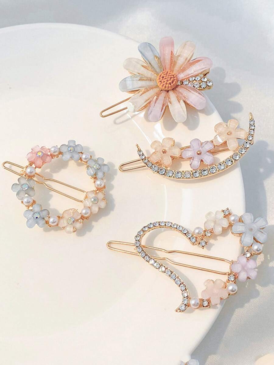 4 pinzas para el pelo minimalistas con decoración de flores y diamantes de imitación - Multicolor - Ver 1