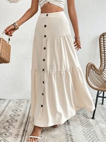 Button Front Layered Hem Button Front Skirt Maxi Vacation Beach Outfits Women - Apricot - View 5