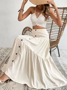 Button Front Layered Hem Button Front Skirt Maxi Vacation Beach Outfits Women - Apricot - View 6